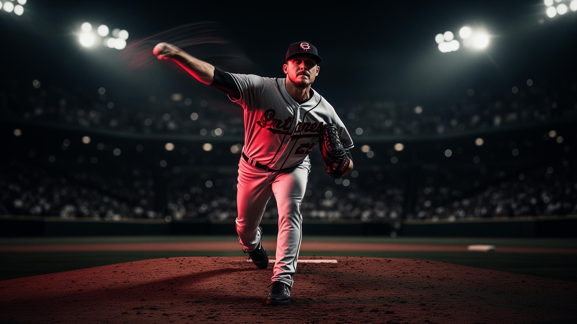 Pitcher delivering a fastball under stadium lights